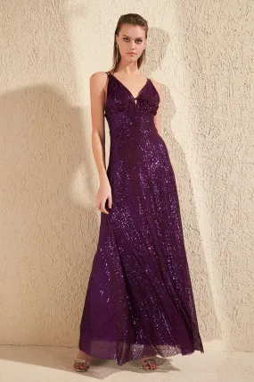 16437 Purple Sequinned Strap Dress