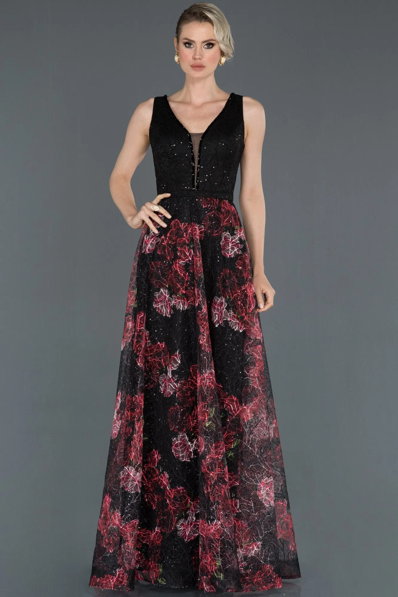 16618 Black-Red Floral Patterned Tulle Dress