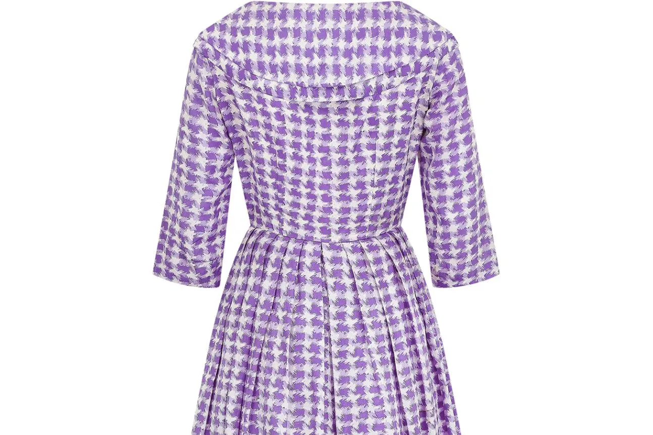 1950s Sambo Fashions Purple and White Silk Shirtwaister Dress