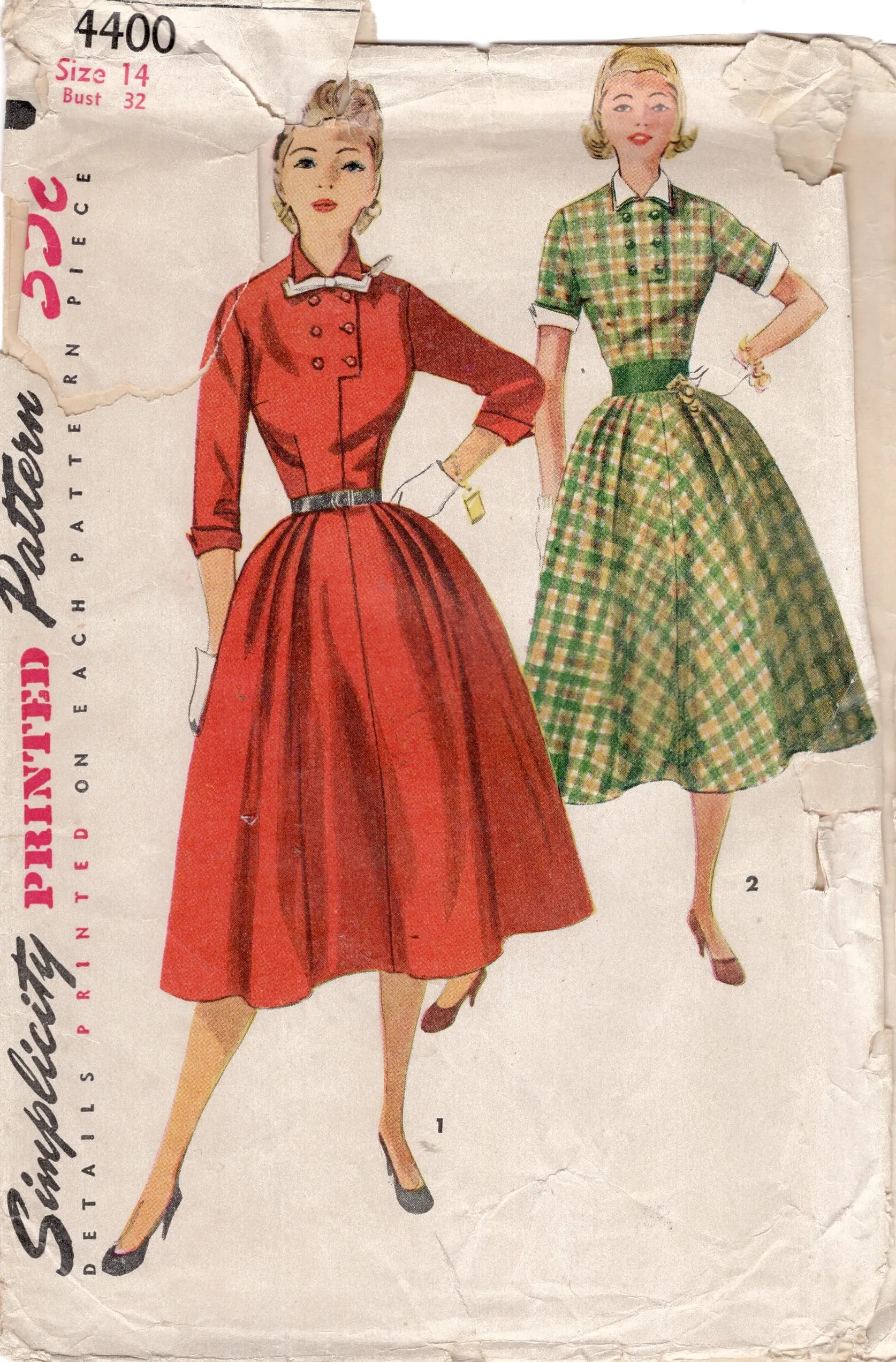 1950's Simplicity One Piece Fit and Flare pleated Dress with detachable collar, cuffs and bow - Bust 32" - No. 4400