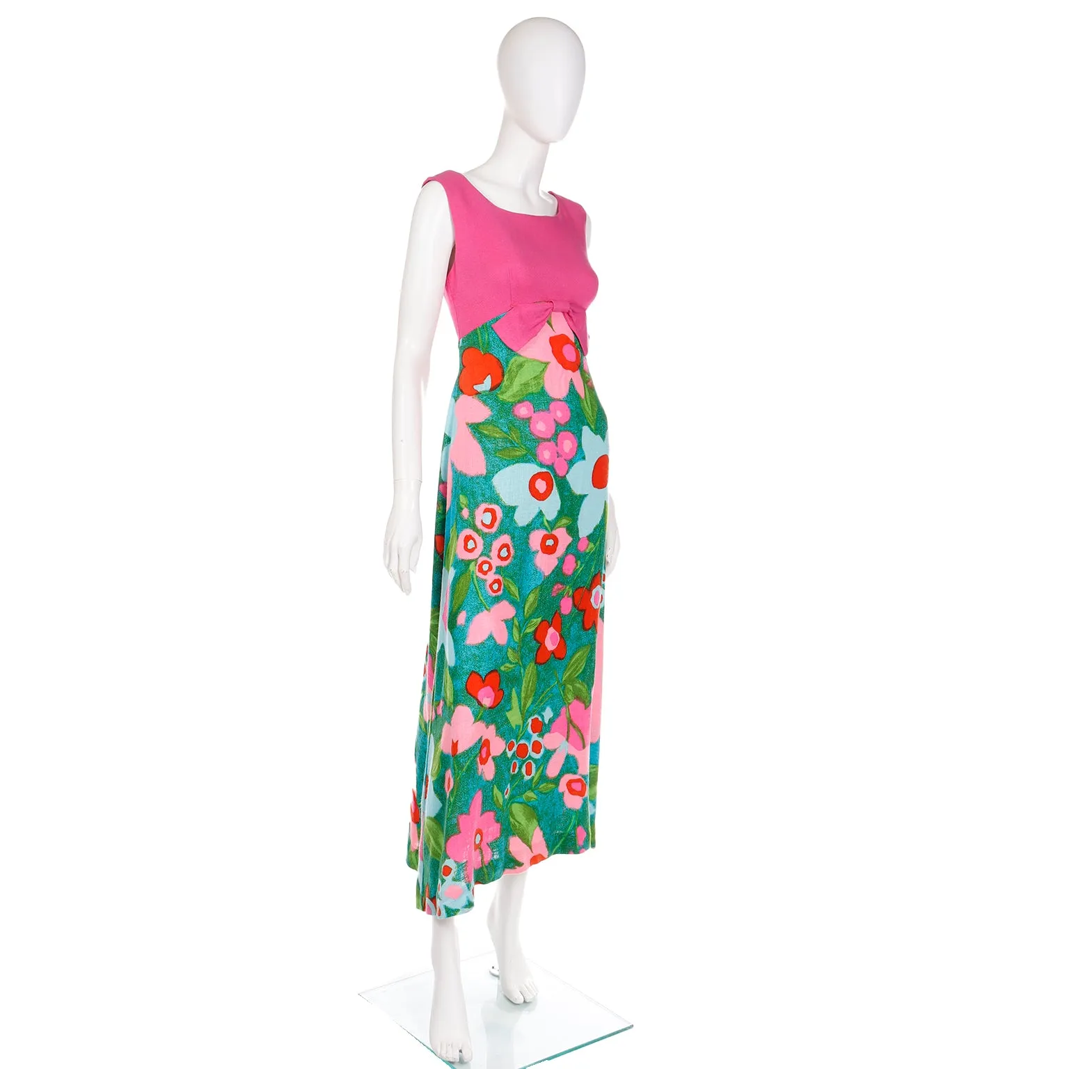 1960s Linen Pink Green & Blue Floral Empire Waist Maxi Dress