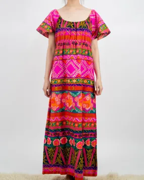 1970s Bright and Vibrant Pink and Orange Hawaiian Maxi Dress