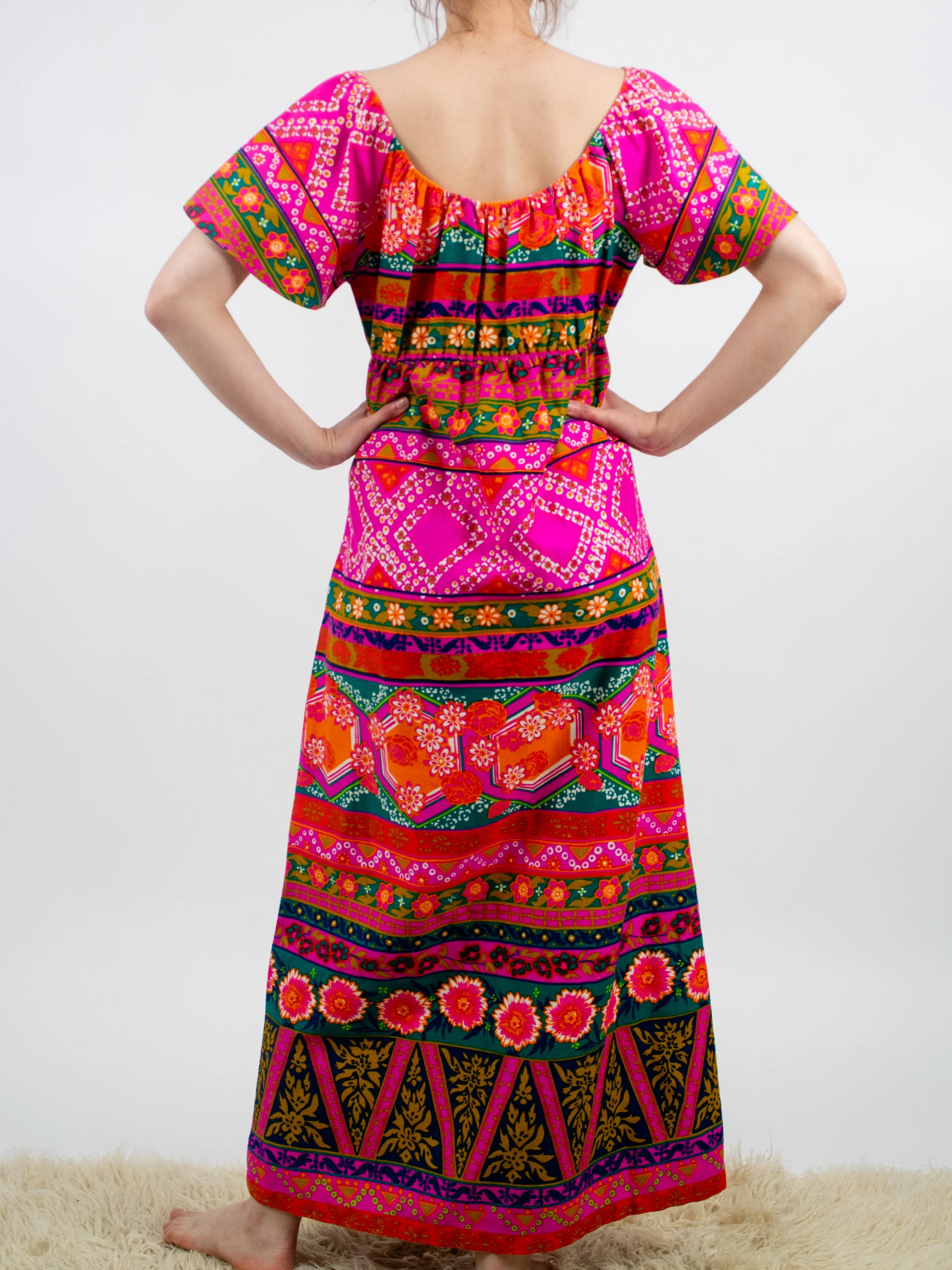 1970s Bright and Vibrant Pink and Orange Hawaiian Maxi Dress