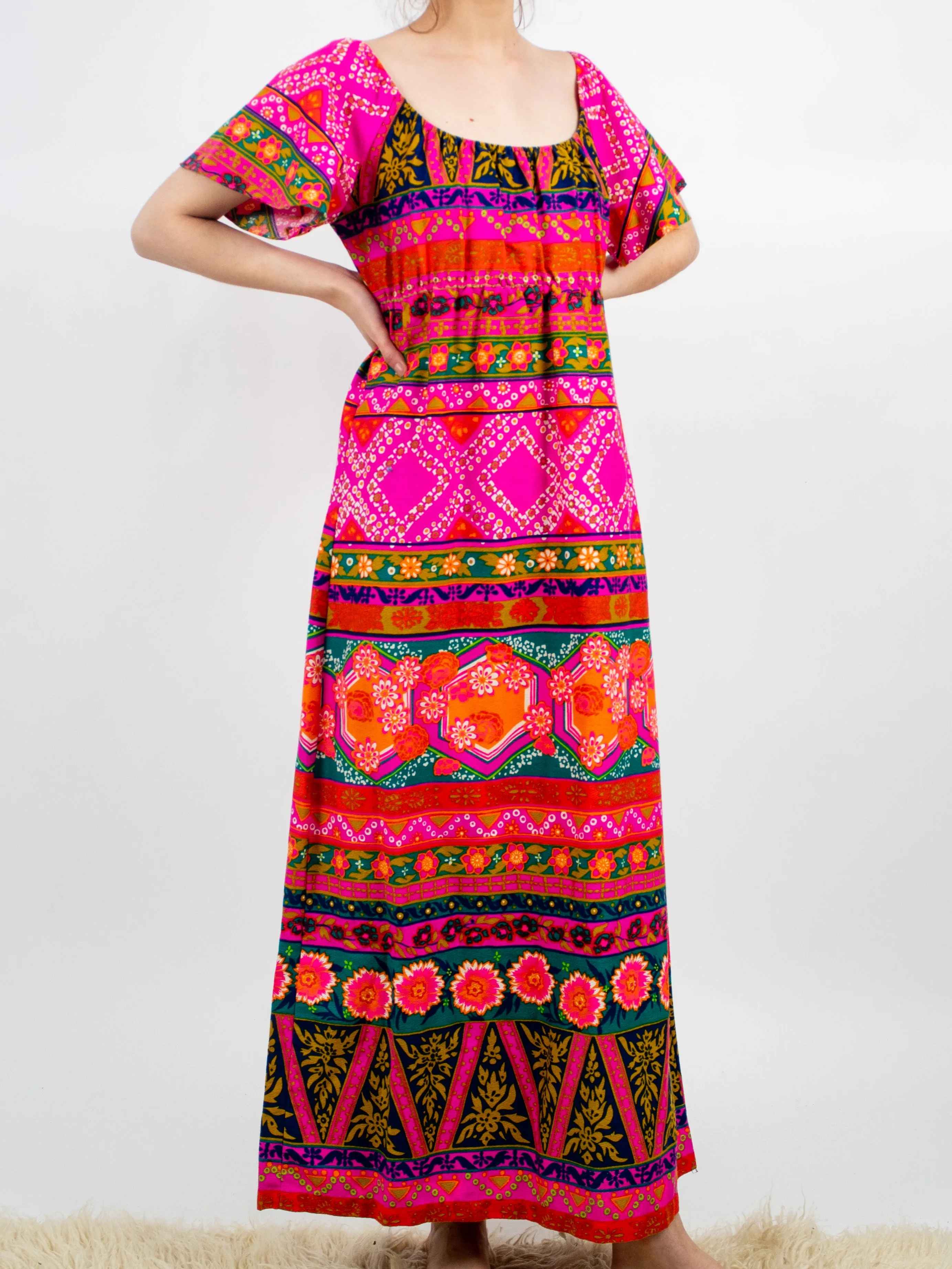 1970s Bright and Vibrant Pink and Orange Hawaiian Maxi Dress