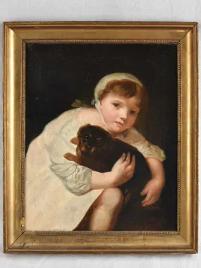 19th century portrait of a little girl with a puppy 21¼" x 17¾"