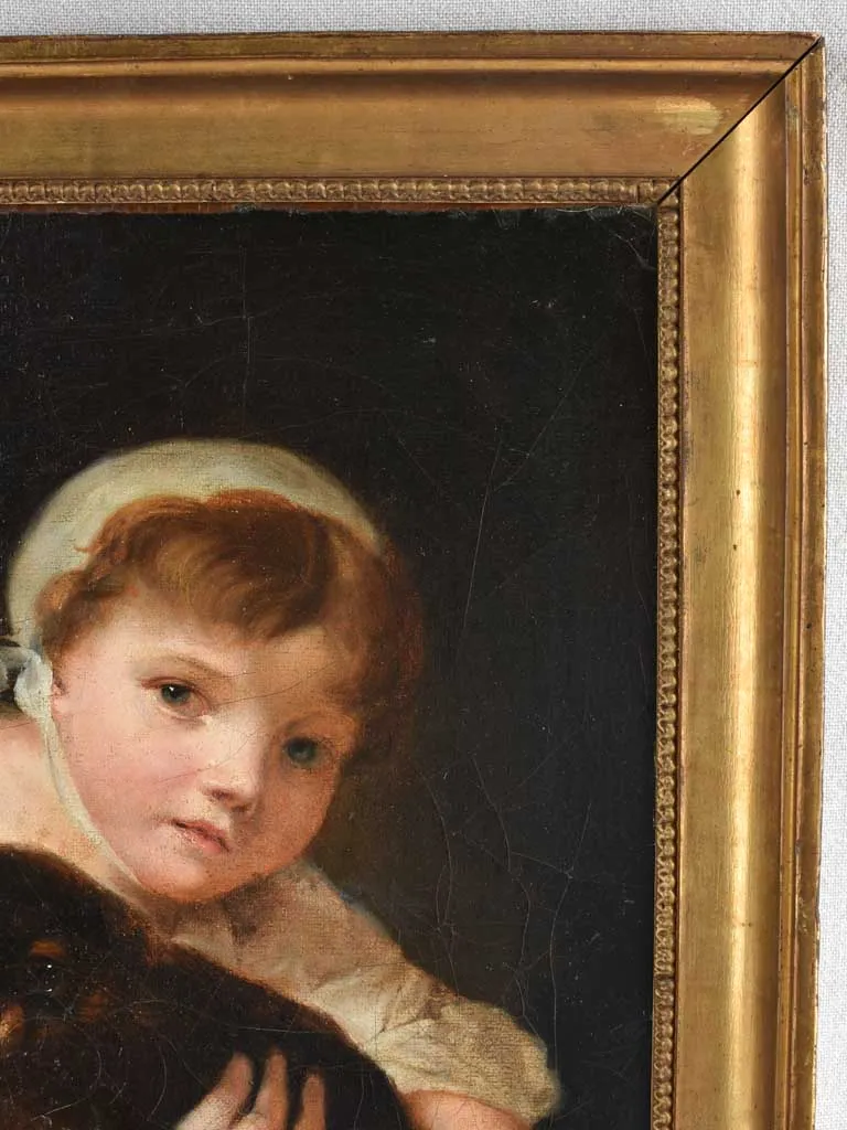 19th century portrait of a little girl with a puppy 21¼" x 17¾"