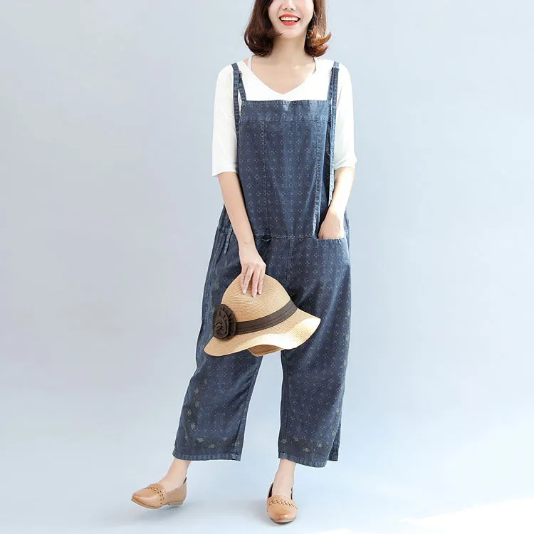 2021 fall blue print cotton pants plus size jumpsuit pants