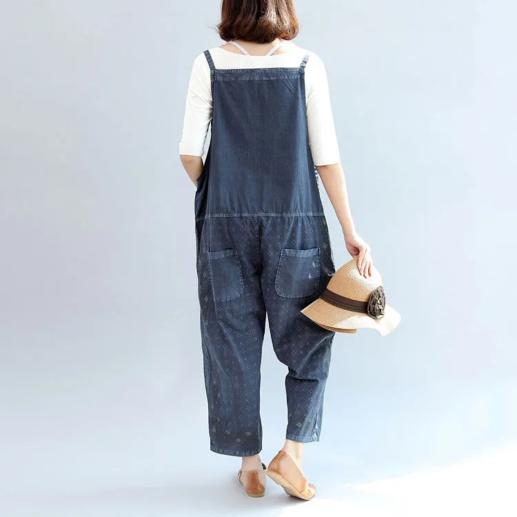 2021 fall blue print cotton pants plus size jumpsuit pants