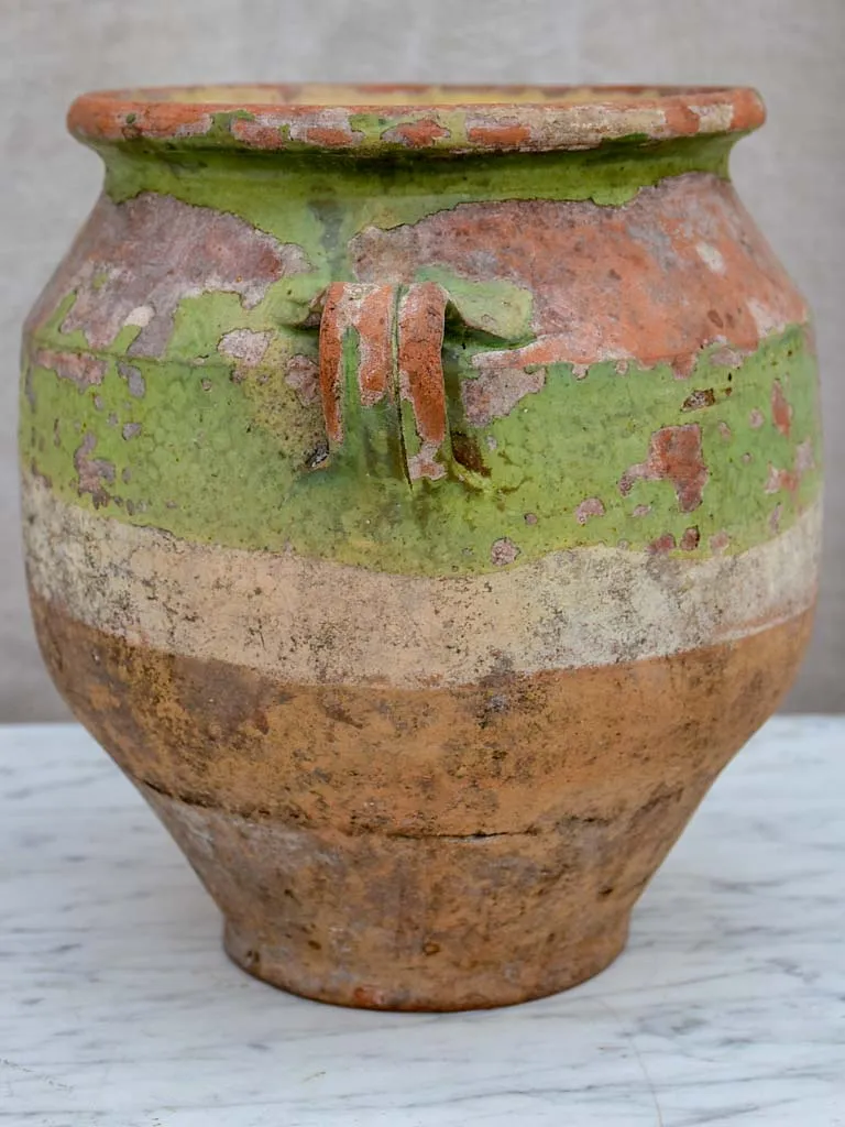 Antique French confit pot with rustic green glaze 8¾"