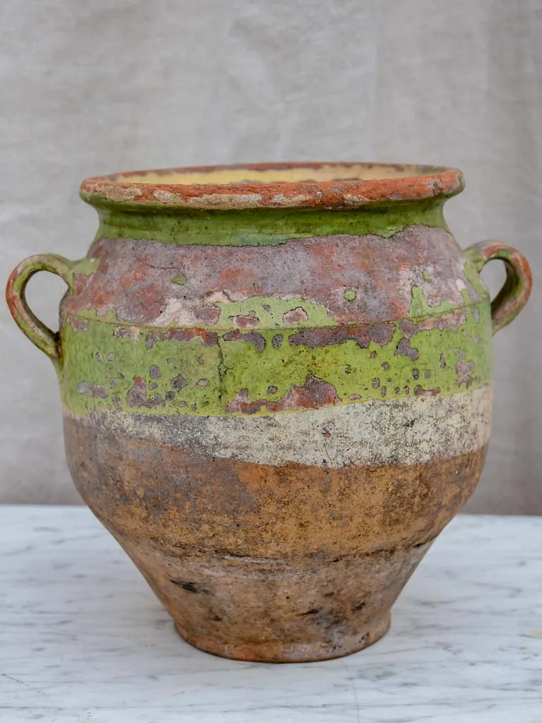 Antique French confit pot with rustic green glaze 8¾"