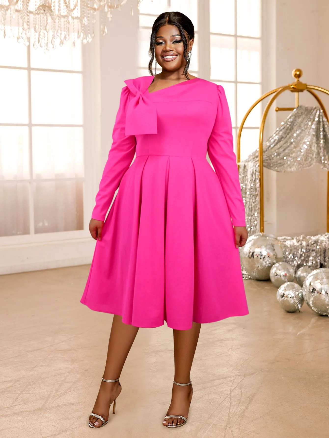 AOMEIDRESS Rose A Line Dress Asymmetrical Neck Bowtie Long Sleeves