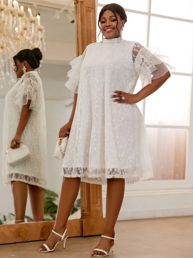 AOMEIDRESS White Looes Lace Dress Stand Collar Half Sleeves Ruffles