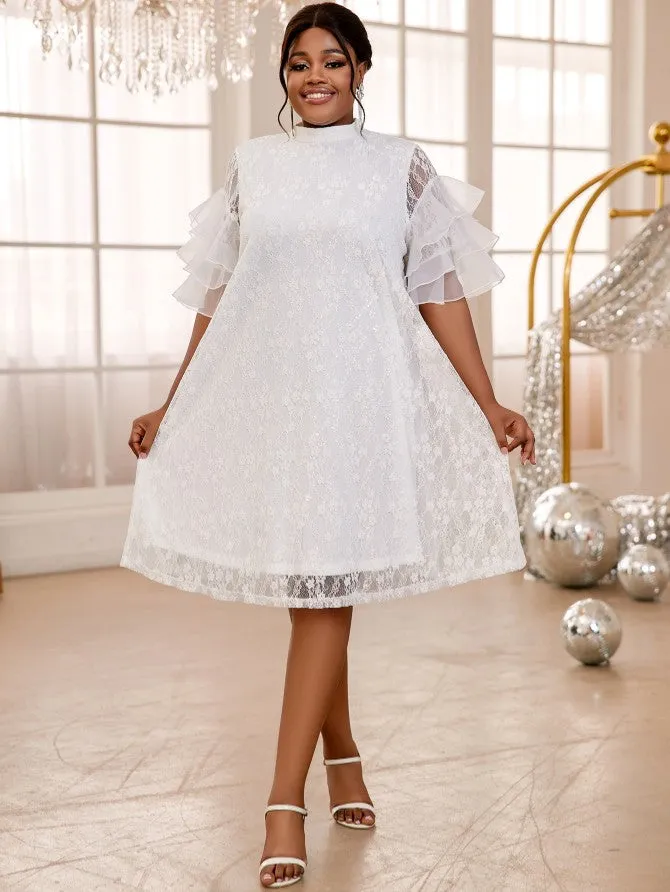 AOMEIDRESS White Looes Lace Dress Stand Collar Half Sleeves Ruffles