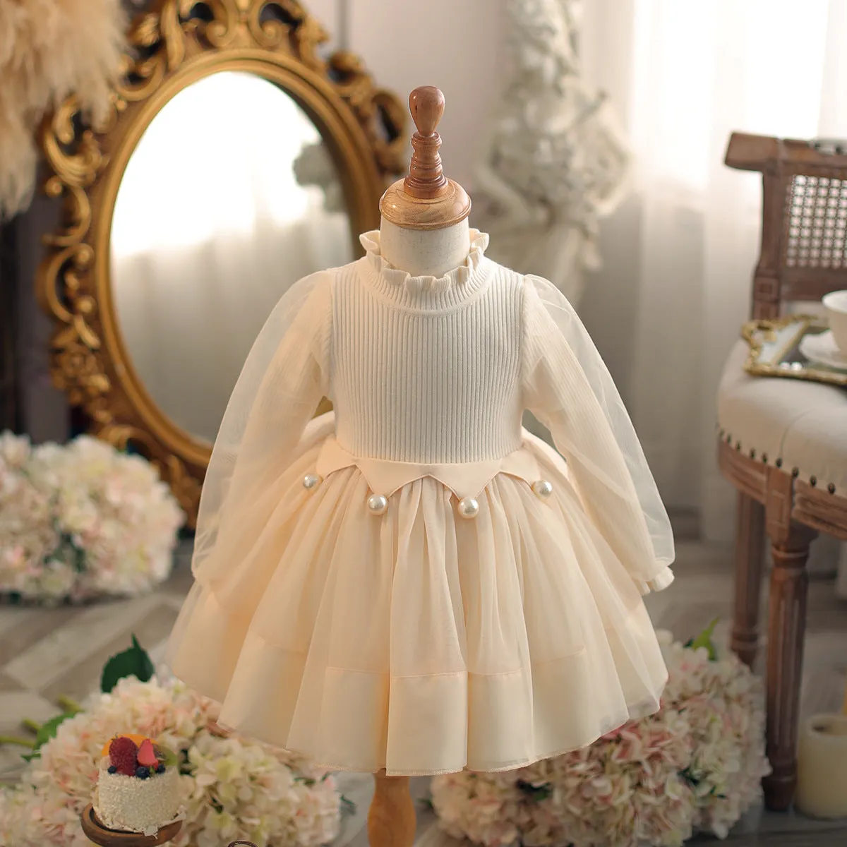 Beige Girls Knitted Pleated Skirt Dress