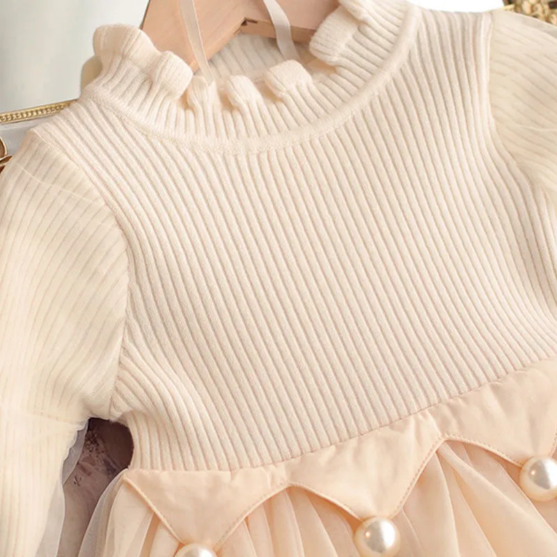 Beige Girls Knitted Pleated Skirt Dress