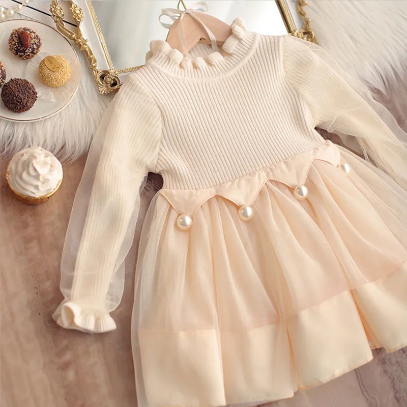 Beige Girls Knitted Pleated Skirt Dress