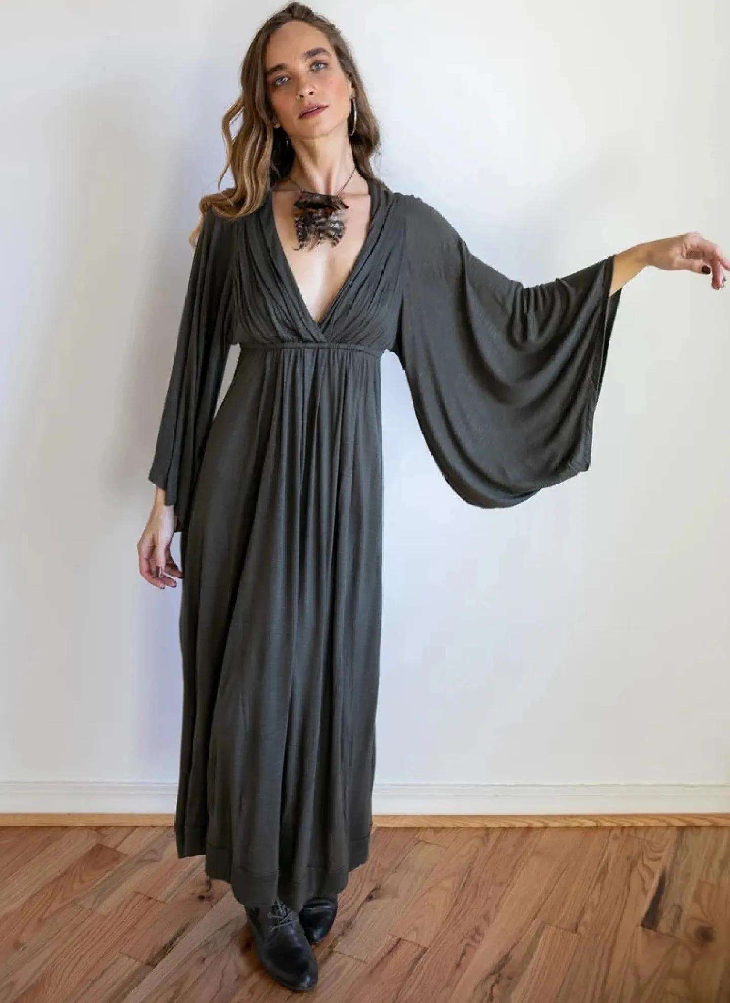 Bell Sleeve Goddess Boho Maxi Dress in Olive