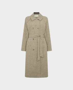 Belted Houndstooth Check Wool Coat