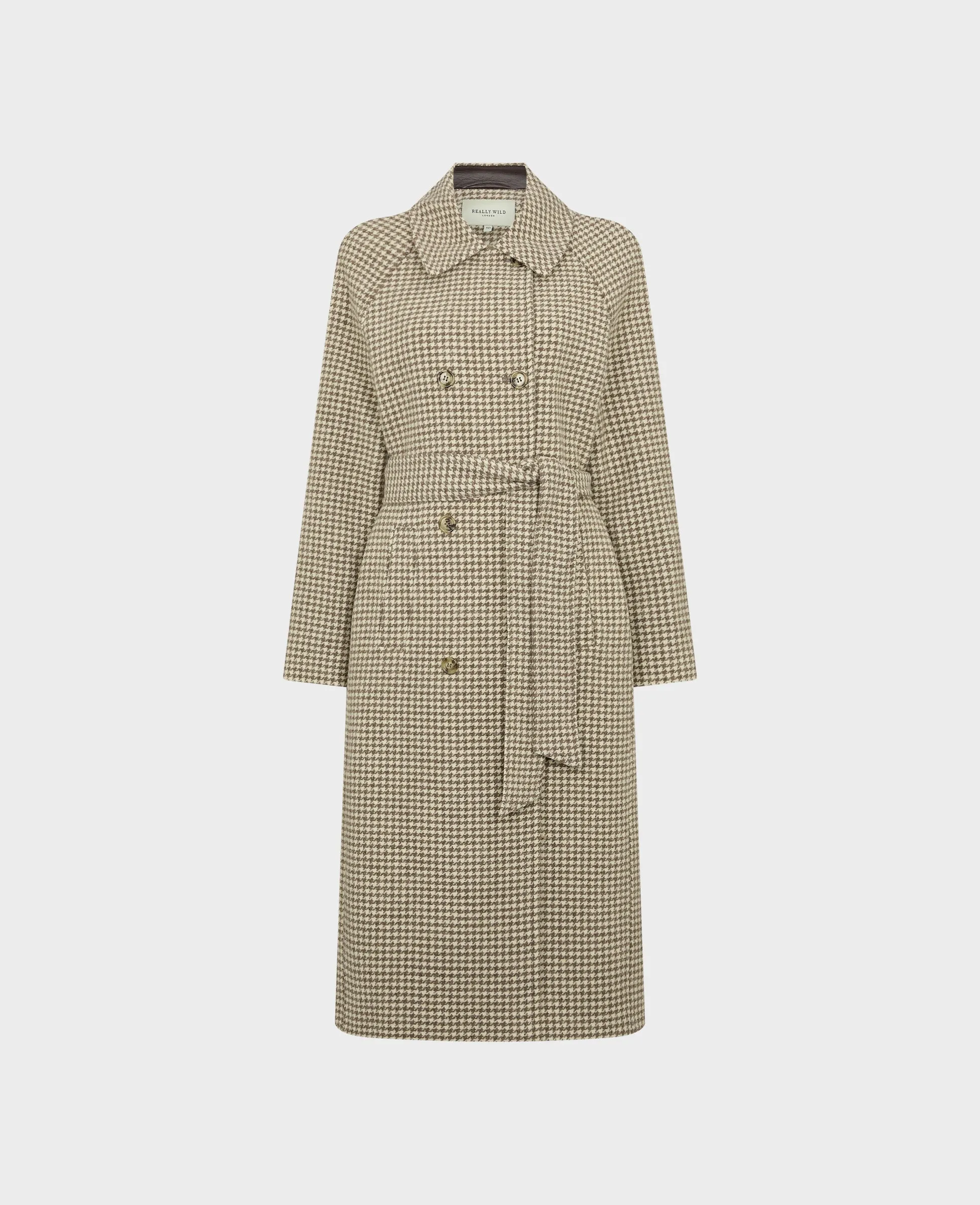 Belted Houndstooth Check Wool Coat