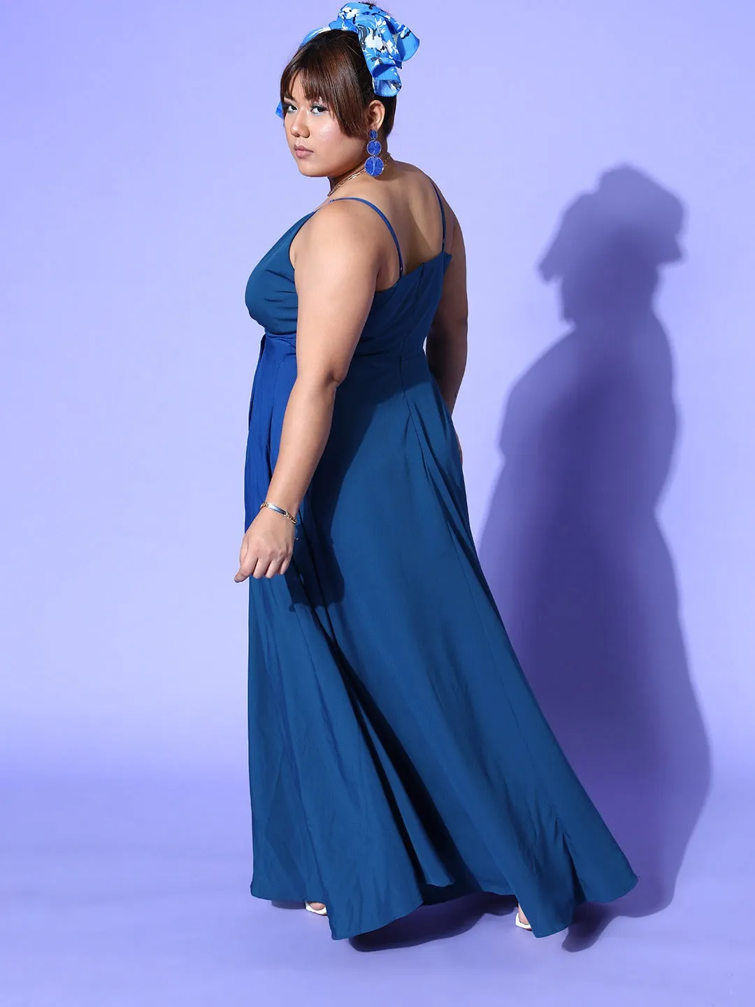 Berrylush Women Plus Size Solid Blue V-Neck Sleeveless Thigh-High Slit Flared Maxi Dress