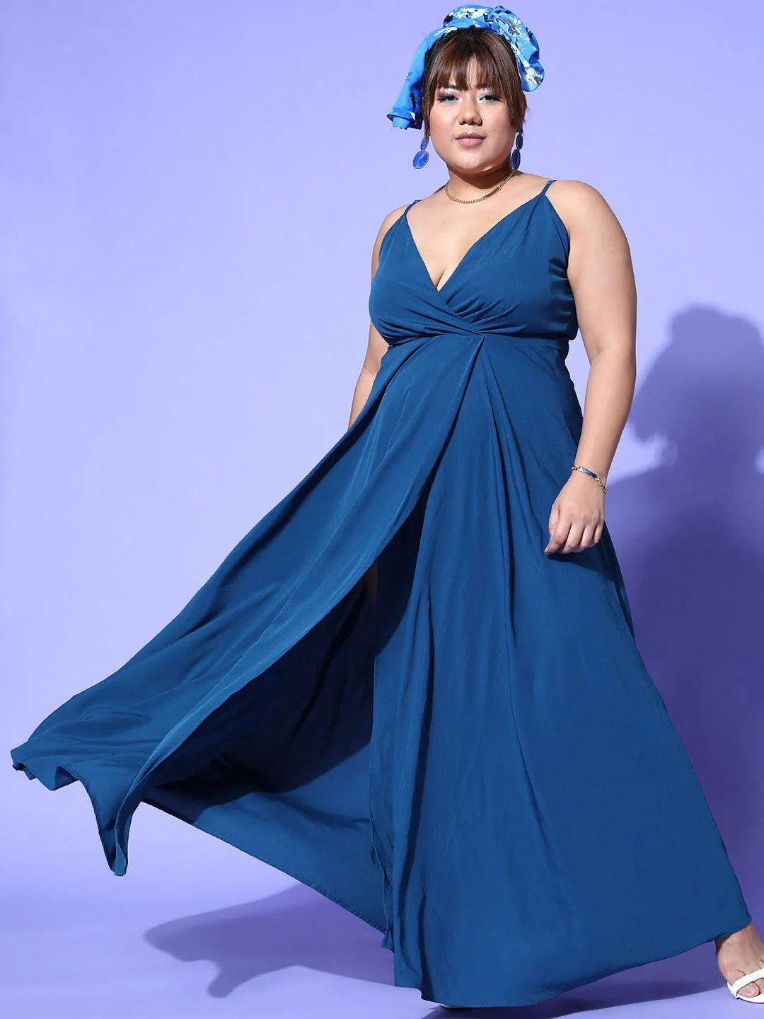 Berrylush Women Plus Size Solid Blue V-Neck Sleeveless Thigh-High Slit Flared Maxi Dress