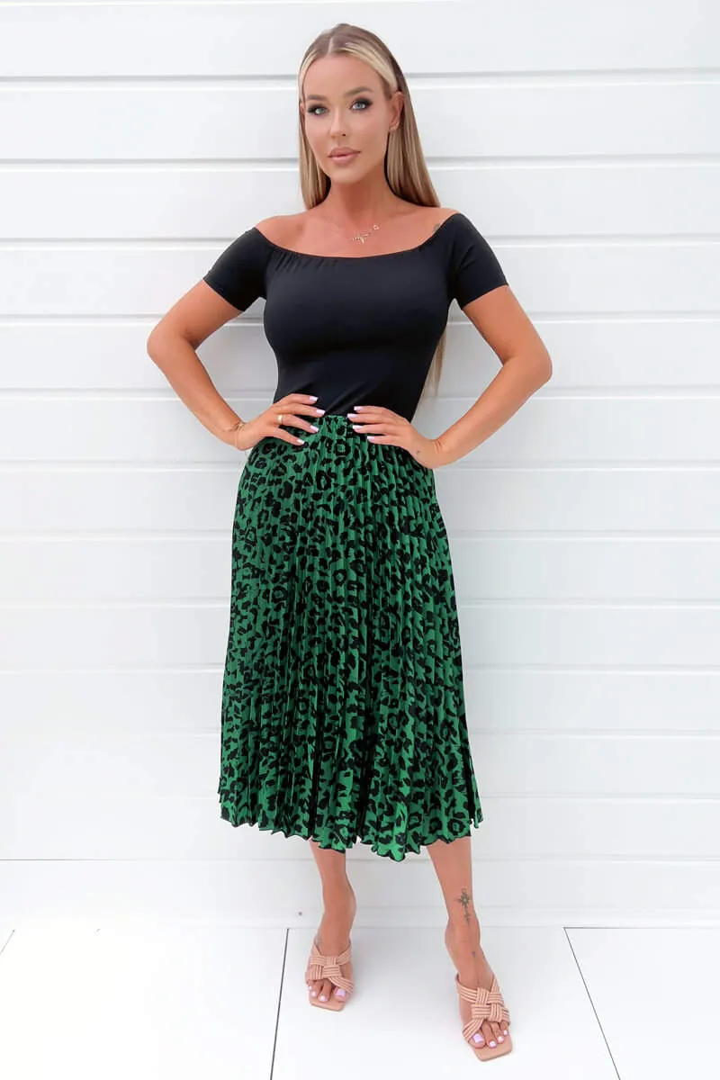 Black And Green Animal Print 2 In 1 Pleated Midi Dress