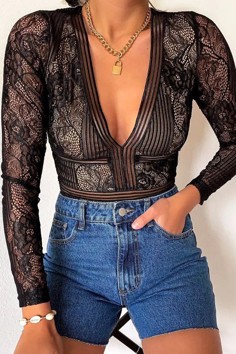 Black and Nude Lace Long Sleeve Open Back Bodysuit - Ellice