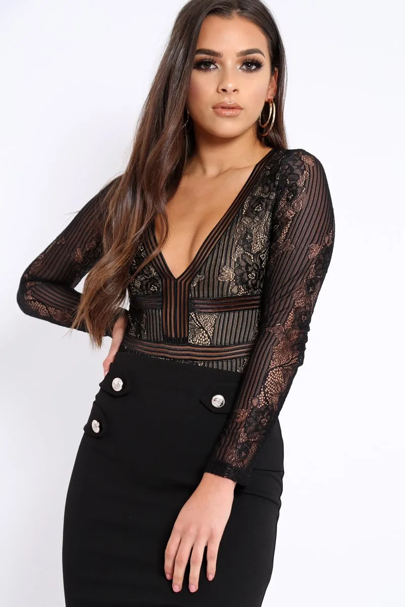 Black and Nude Lace Long Sleeve Open Back Bodysuit - Ellice