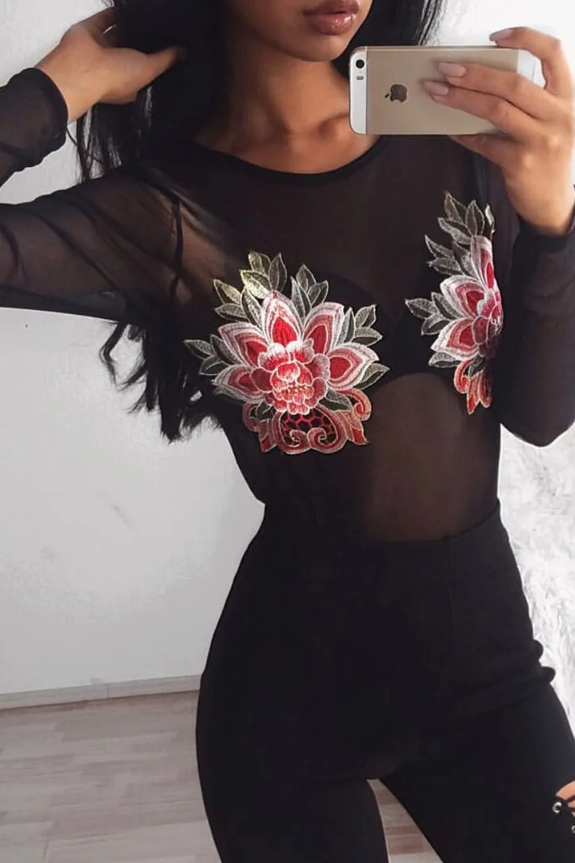 Black Mesh Long Sleeved Embroidered Bodysuit - Bonnie