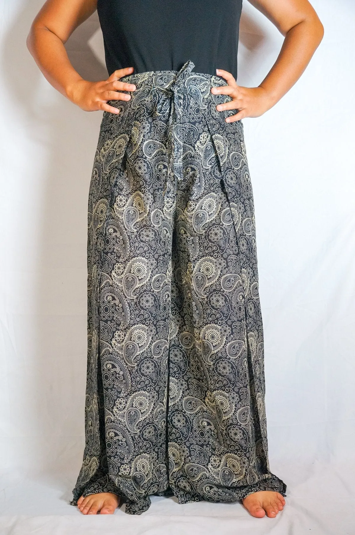 Black Paisley Palazzo Wrap Pants, Hippie Pants, Boho Harem Flow Pants