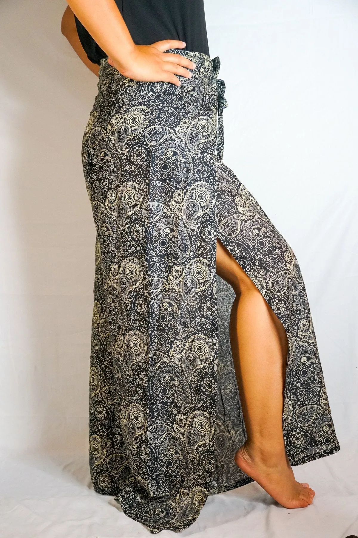 Black Paisley Palazzo Wrap Pants, Hippie Pants, Boho Harem Flow Pants