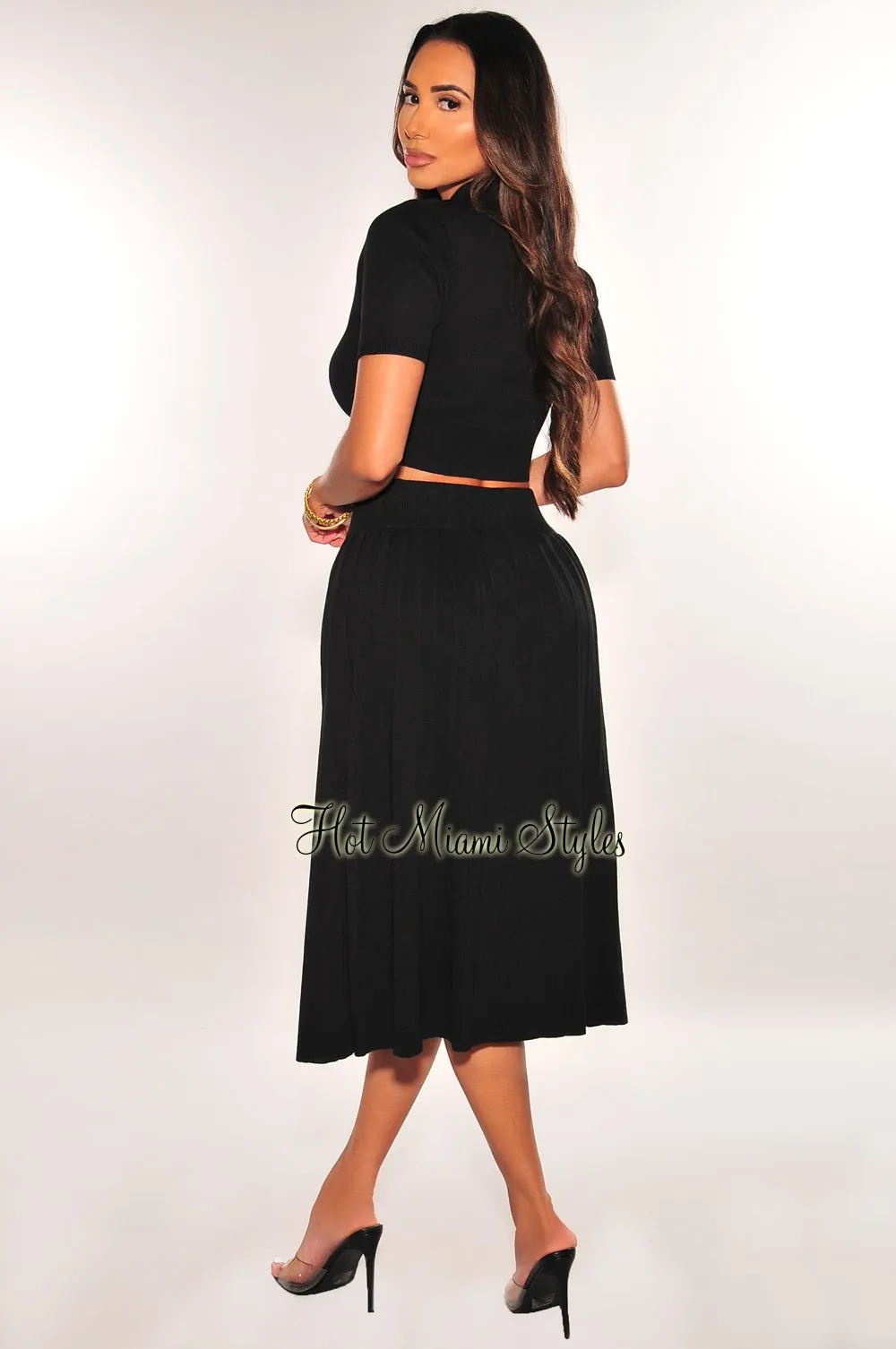 Black Short Sleeve Collared Button Up High Waist Pleated Skirt Two Piece Set