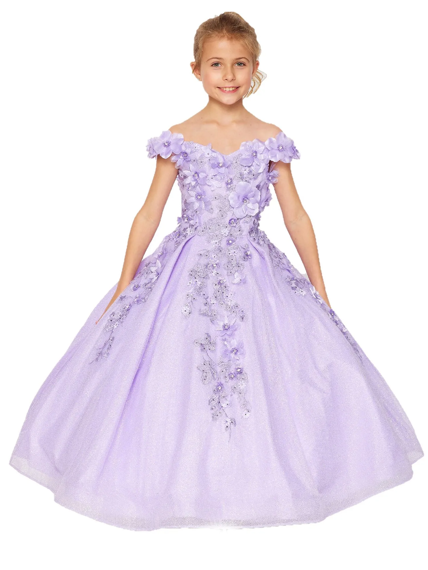 Bliss Little Girls Lilac 3D Floral Applique Off Shoulder Ball Gown 2-6