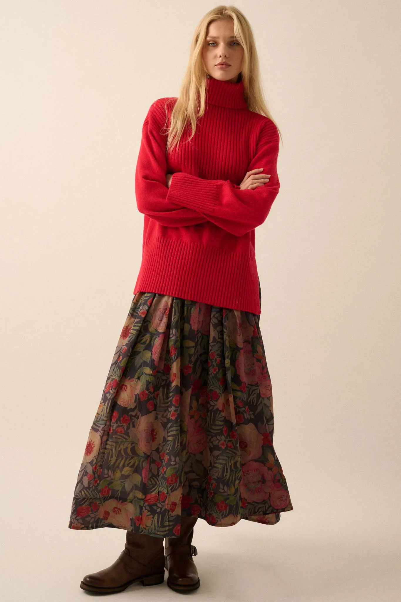 Boho Garden Pleated Floral Maxi Circle Skirt