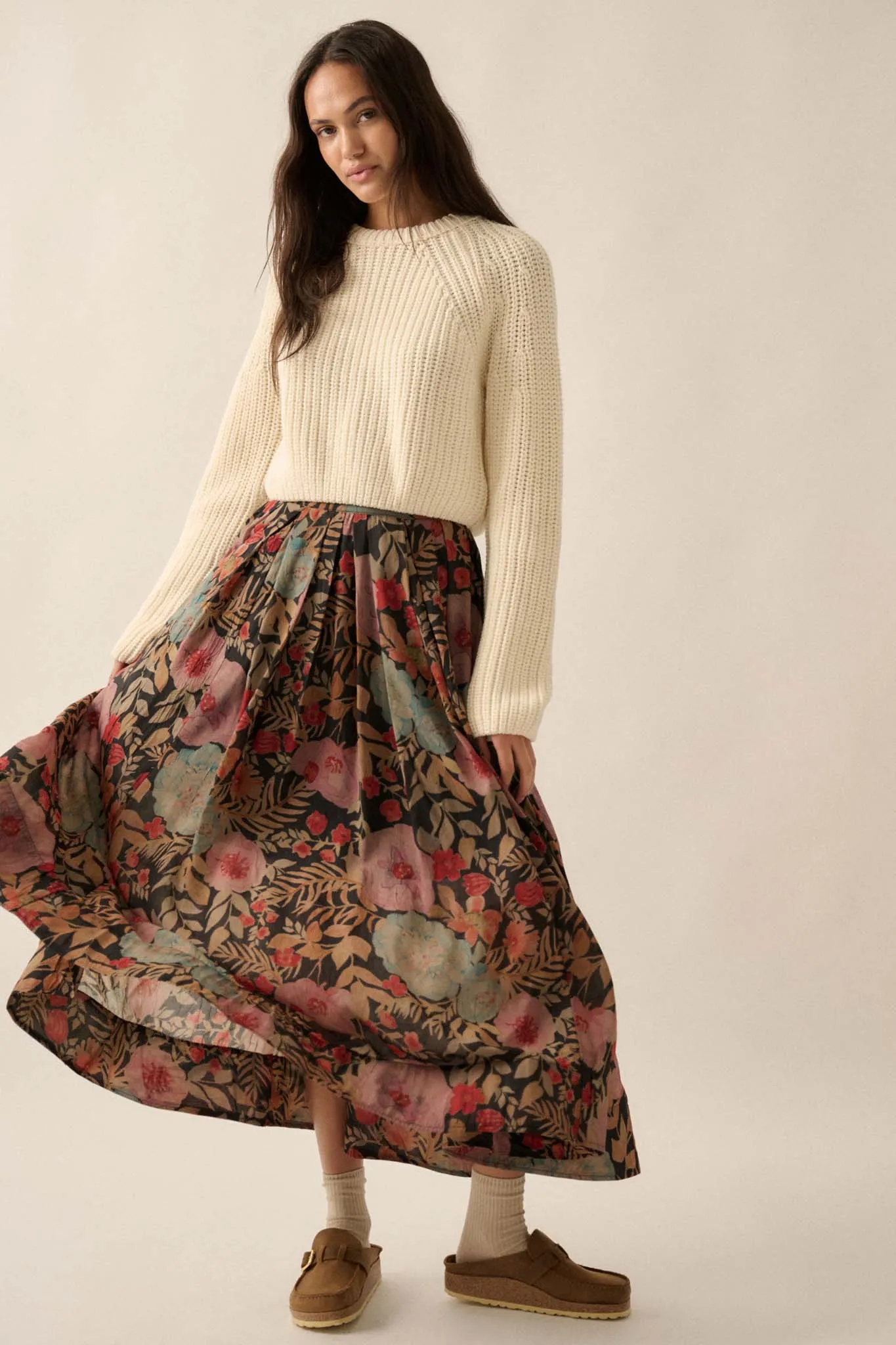 Boho Garden Pleated Floral Maxi Circle Skirt