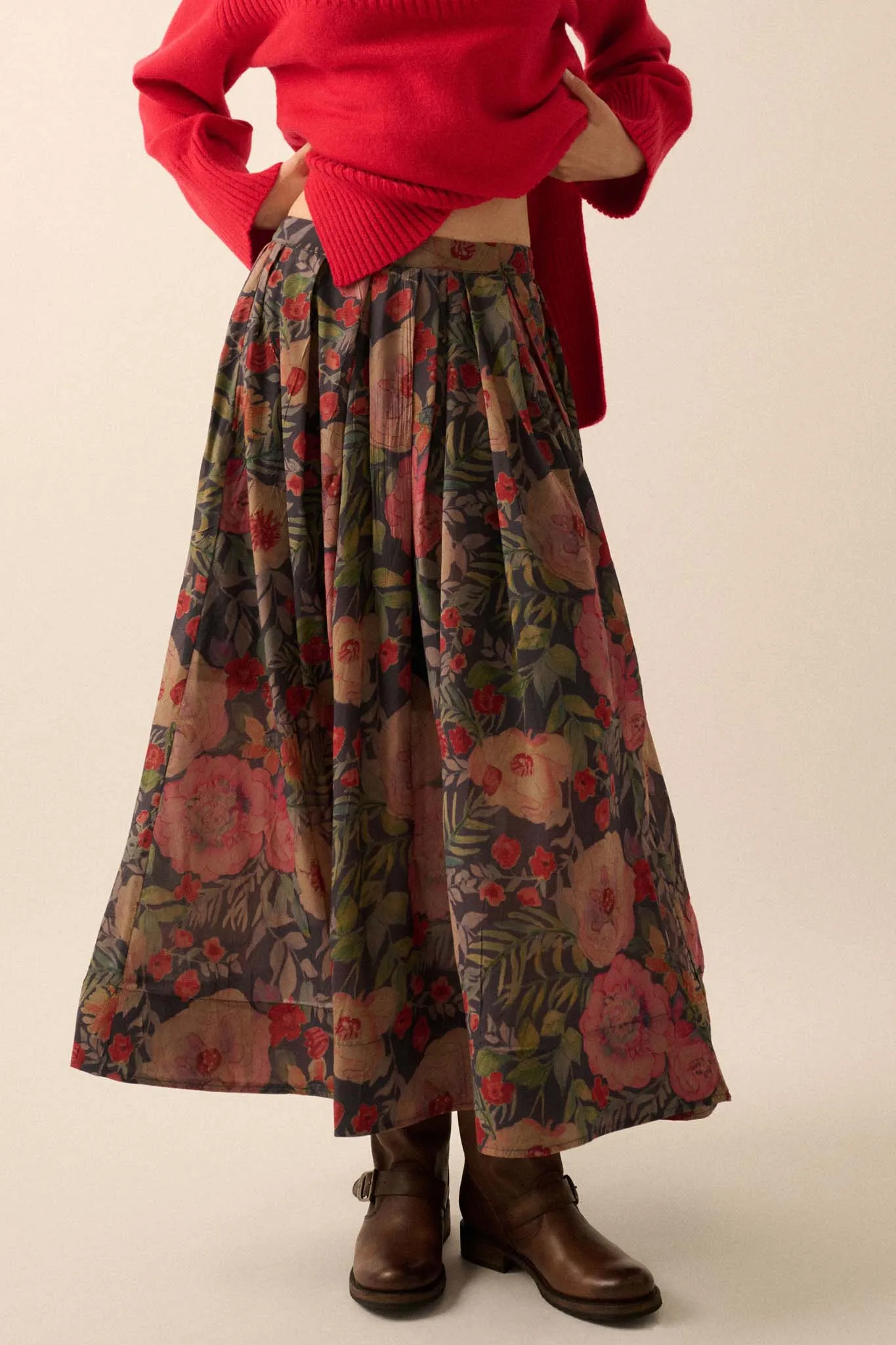 Boho Garden Pleated Floral Maxi Circle Skirt