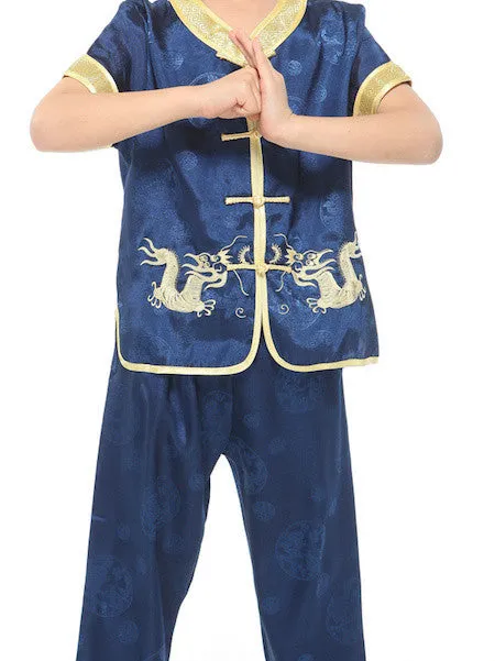 Boys Two-Piece Traditional Embroidered Dragon Outfit (Blue)