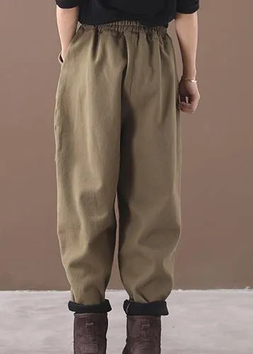 burgundy women elastic waist cotton trousers plus size false pockets harem pants