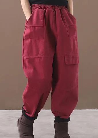 burgundy women elastic waist cotton trousers plus size false pockets harem pants