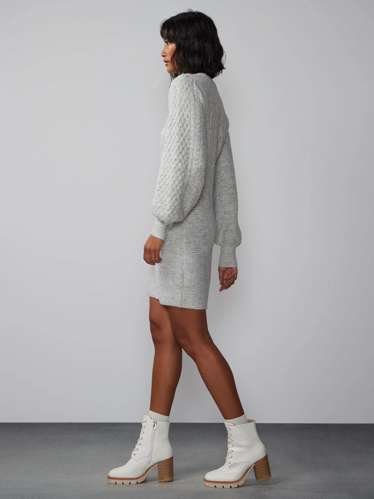 Cable Knit Pearl Embellished Sweater Dress