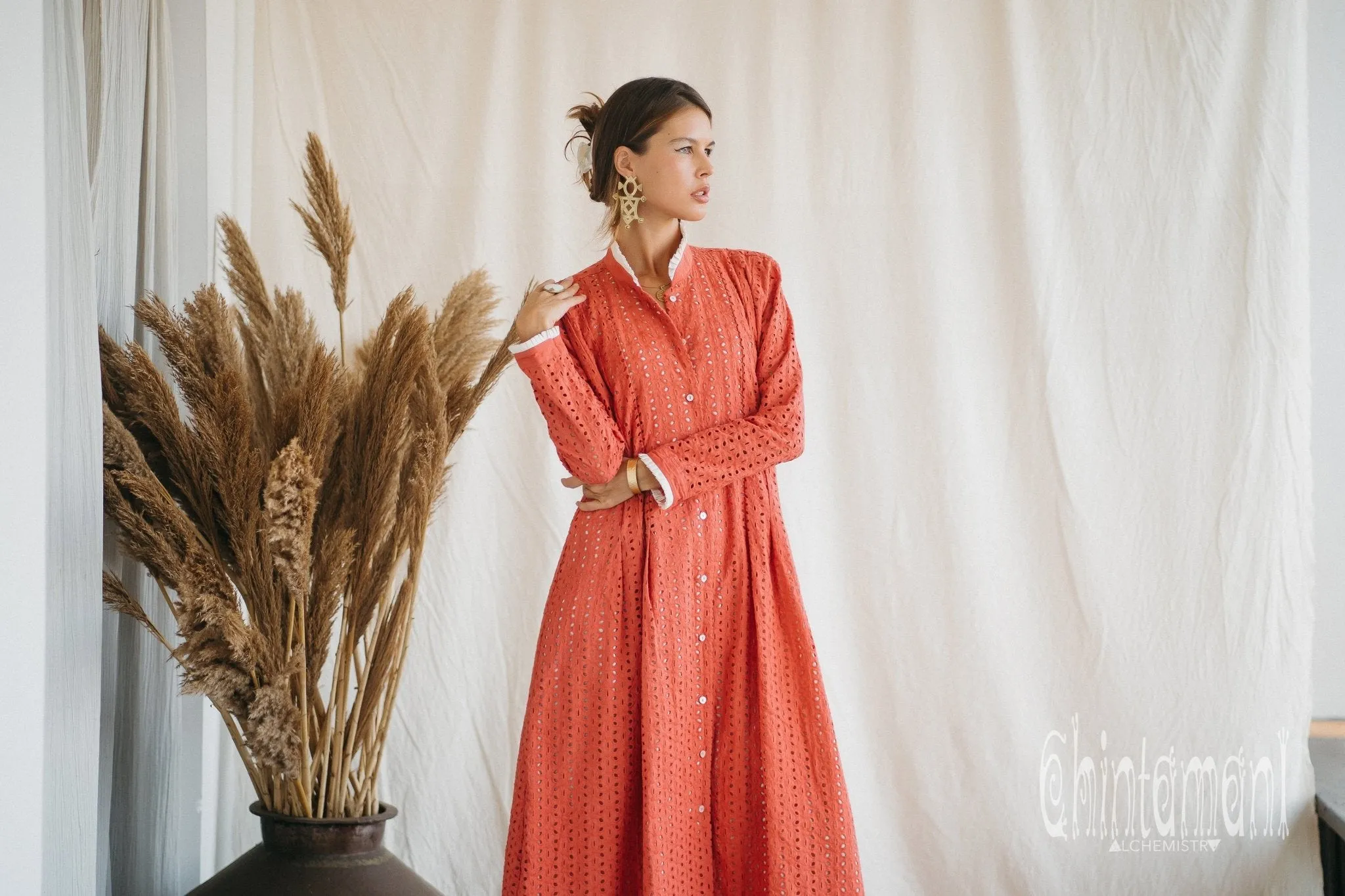 Certified Organic Cotton Maxi Shirt Dress / Coral Rose