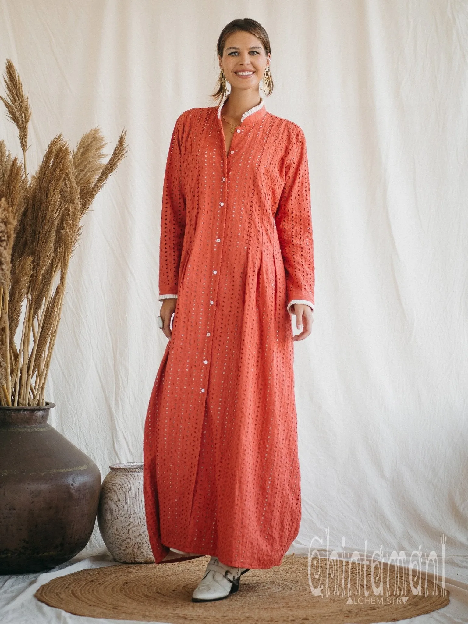 Certified Organic Cotton Maxi Shirt Dress / Coral Rose