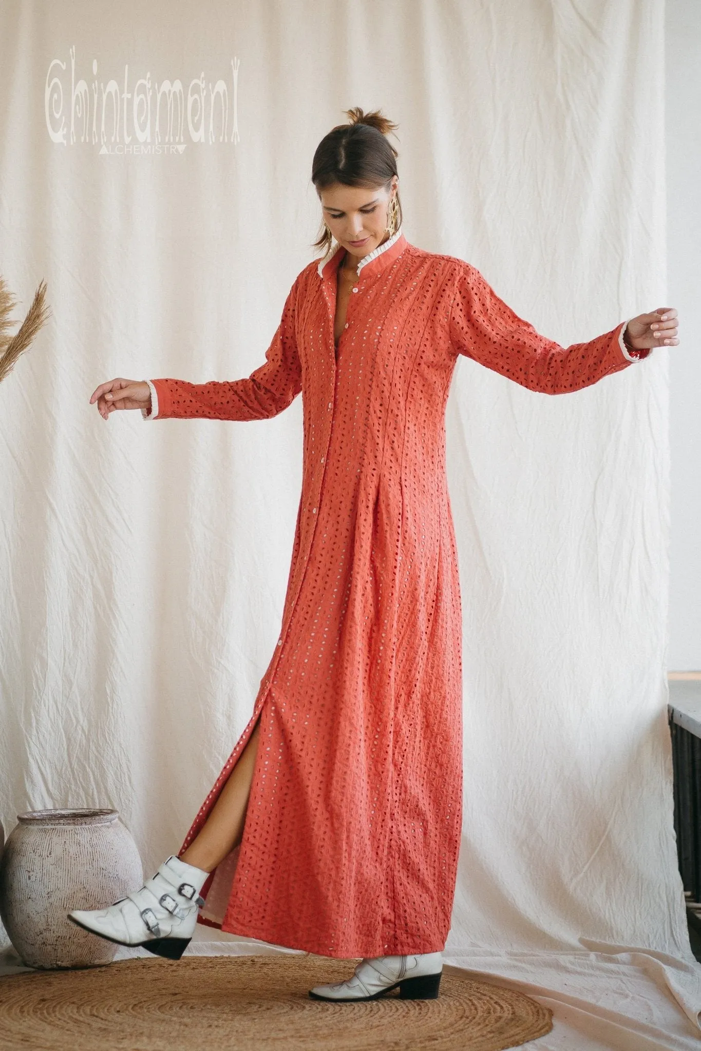 Certified Organic Cotton Maxi Shirt Dress / Coral Rose