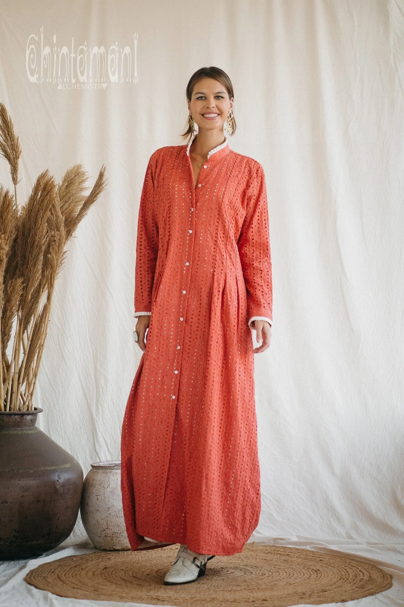 Certified Organic Cotton Maxi Shirt Dress / Coral Rose