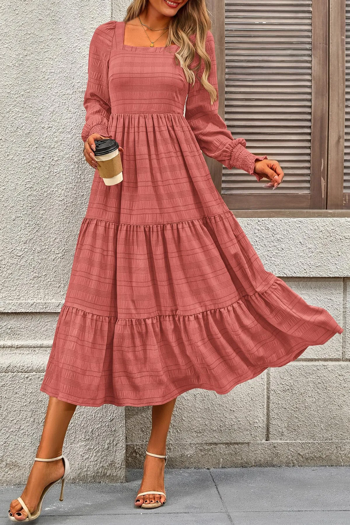 CFLONGE Women's Fall Dresses 2024 Puff Long Sleeve Square Neck Dress High Waist Smocked A-Line Flowy Wedding Party Maxi Dress(Bean Paste Pink,Small)