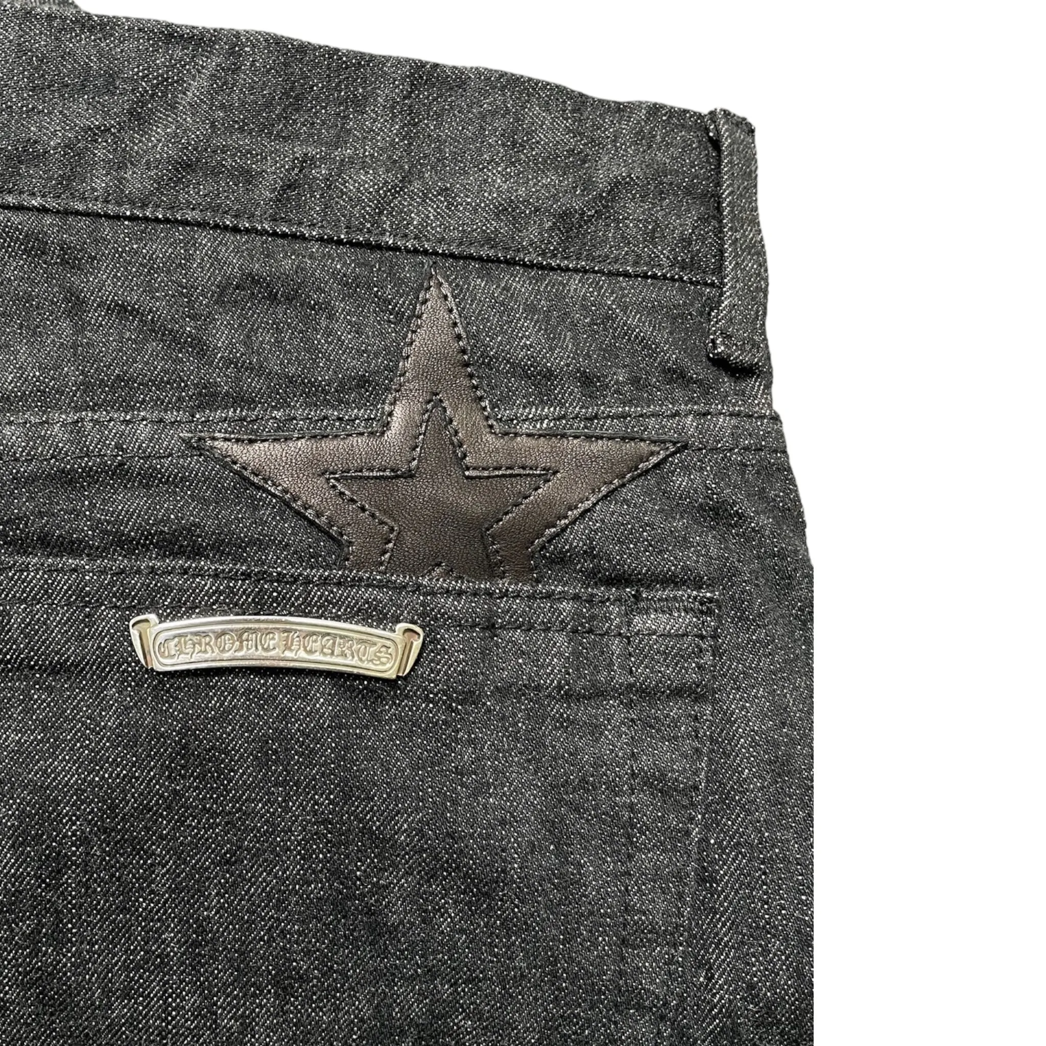 Chrome Hearts Le Fleur Knee Star Patch Jeans Washed Raw Denim