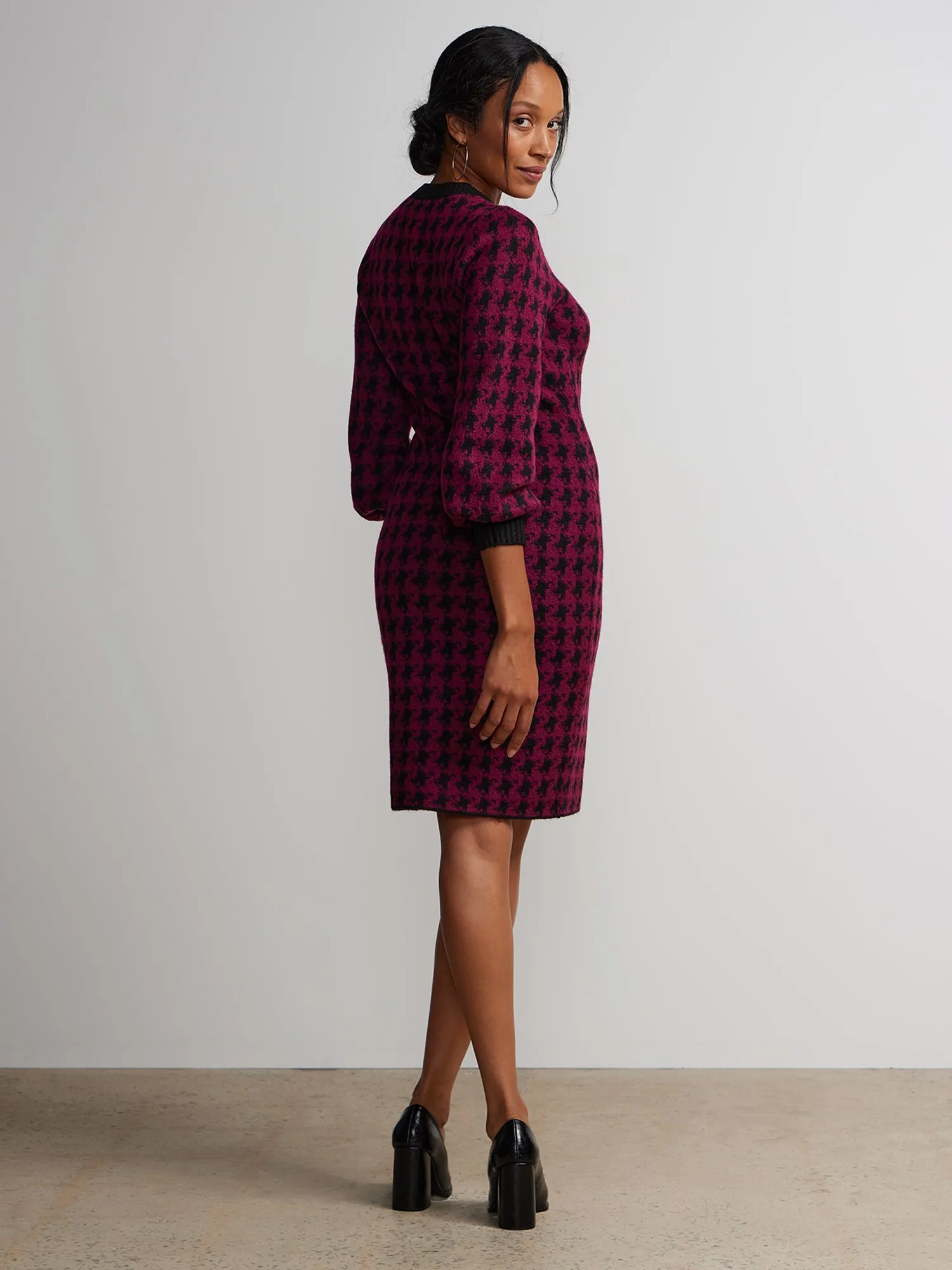 Crew Neck Houndstooth Check Sweater Dress