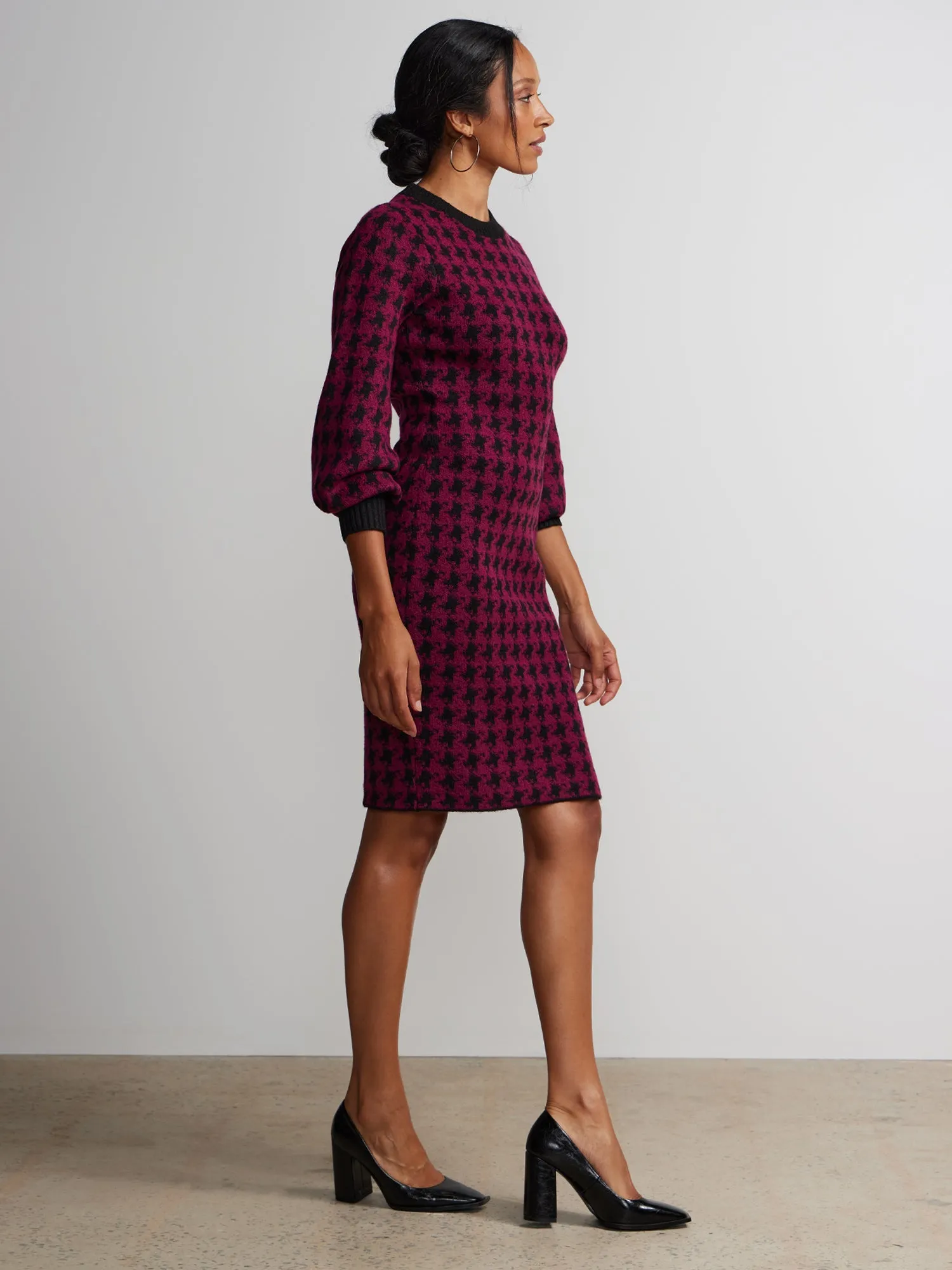 Crew Neck Houndstooth Check Sweater Dress