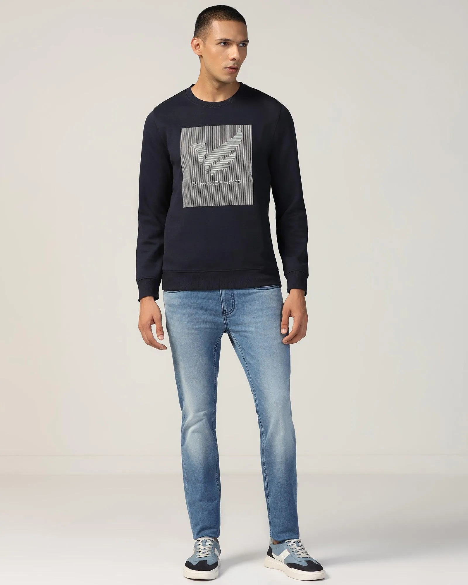 Crew Neck Navy Solid Sweatshirt - Stroke