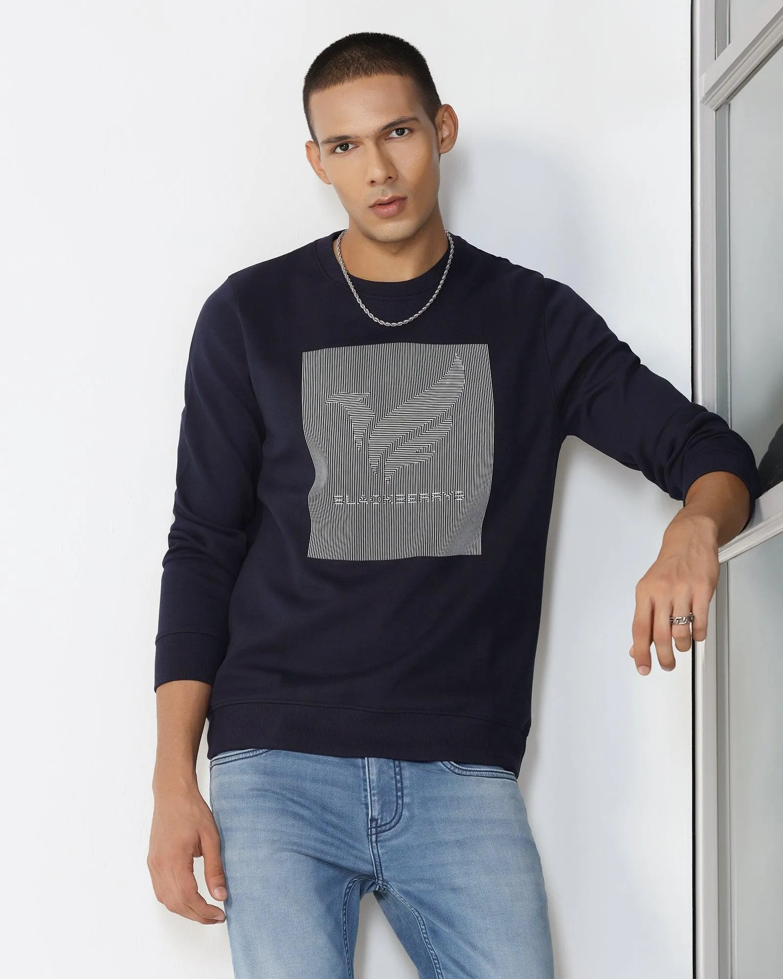 Crew Neck Navy Solid Sweatshirt - Stroke